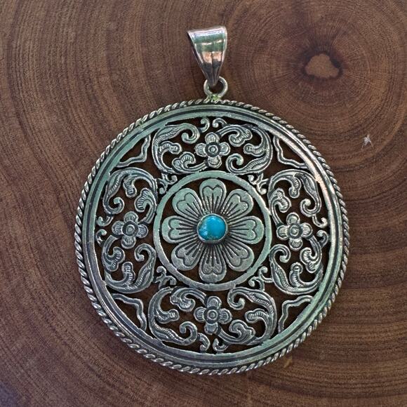 Vintage Sterling Silver Lotus Mandala Pendant Turquoise Boho Statement Festival - Picture 1 of 11